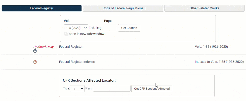 Federal register citation lookup tool in HeinOnline