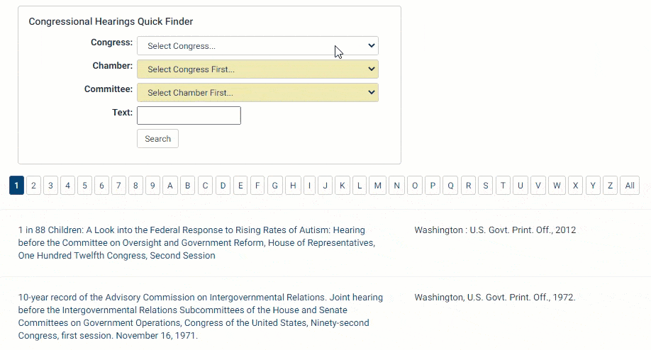 Congressional Hearings quick finder tool