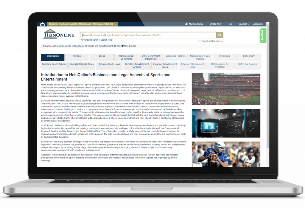 Laptop showing Business and Legal Aspects of Sports and Entertainment, a database for sports and entertainment law