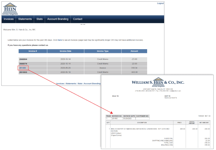 Screenshot of customer invoices being viewed in the customer service web portal