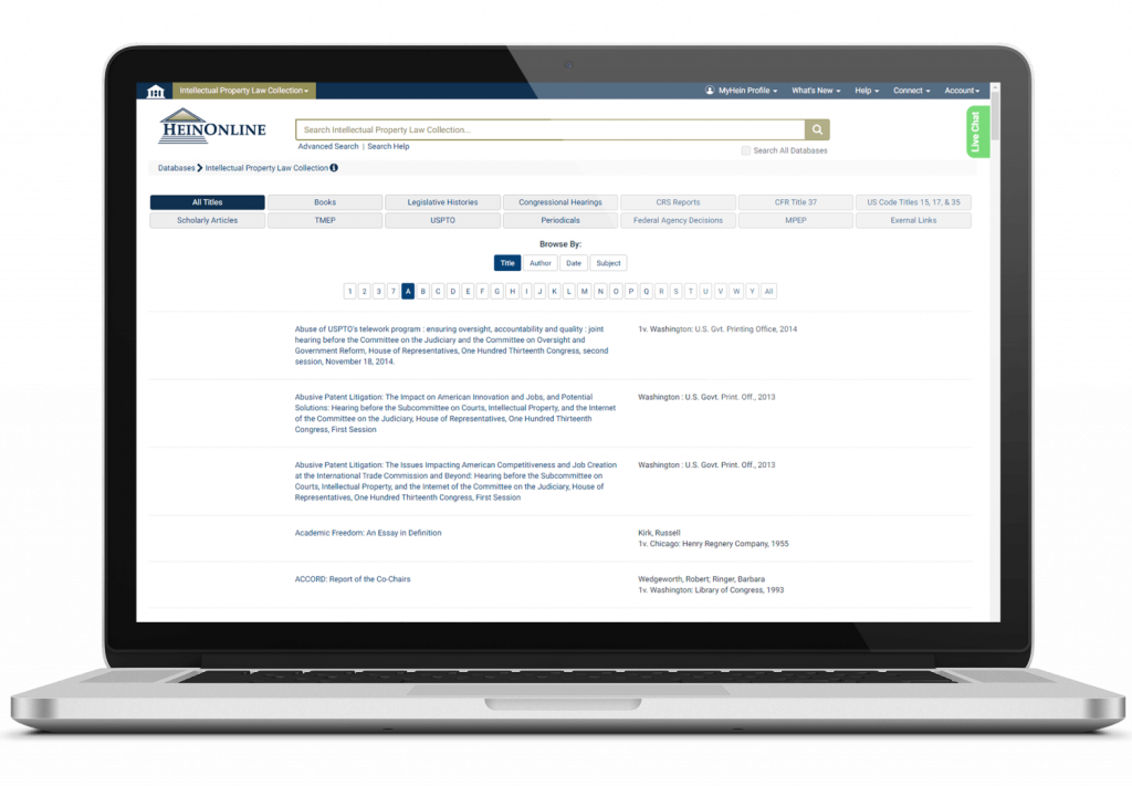 Intellectual Property Law database screenshot on laptop