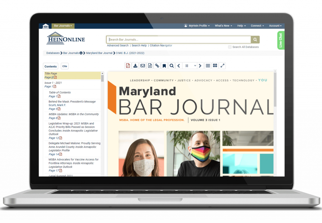 image of Maryland Bar Journal issue in a laptop view