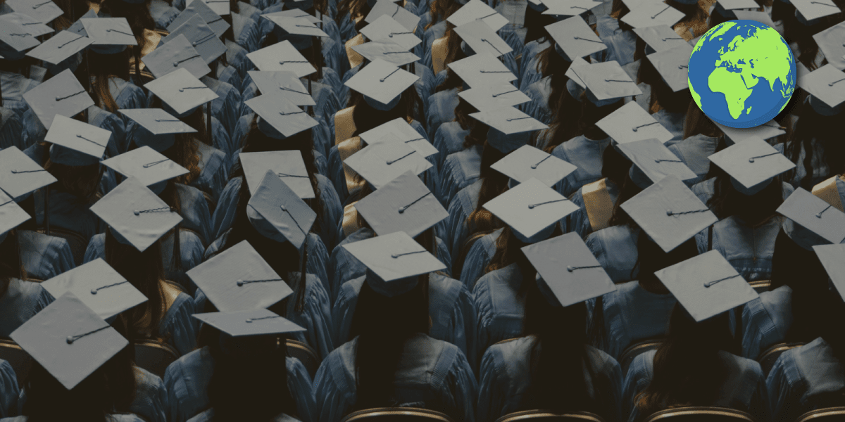 Group of graduates sitting in rows from behind, globe icon overlay