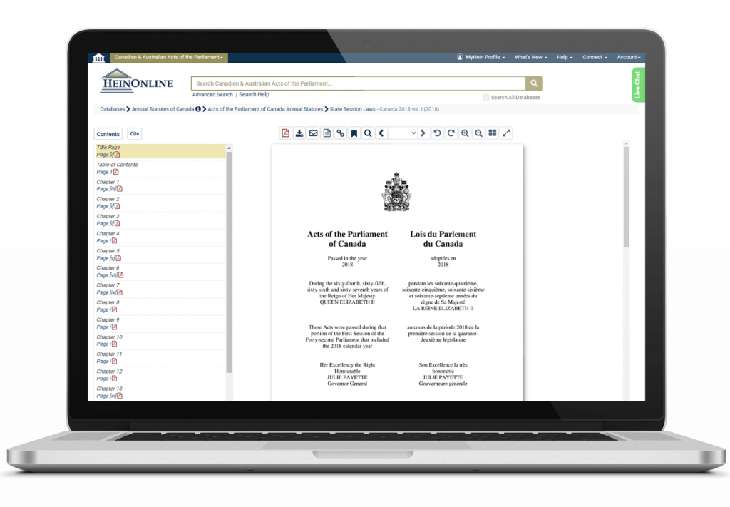 Laptop showing HeinOnline's Australian and Canadian Acts of the Parliament and Revised Statutes of Canada