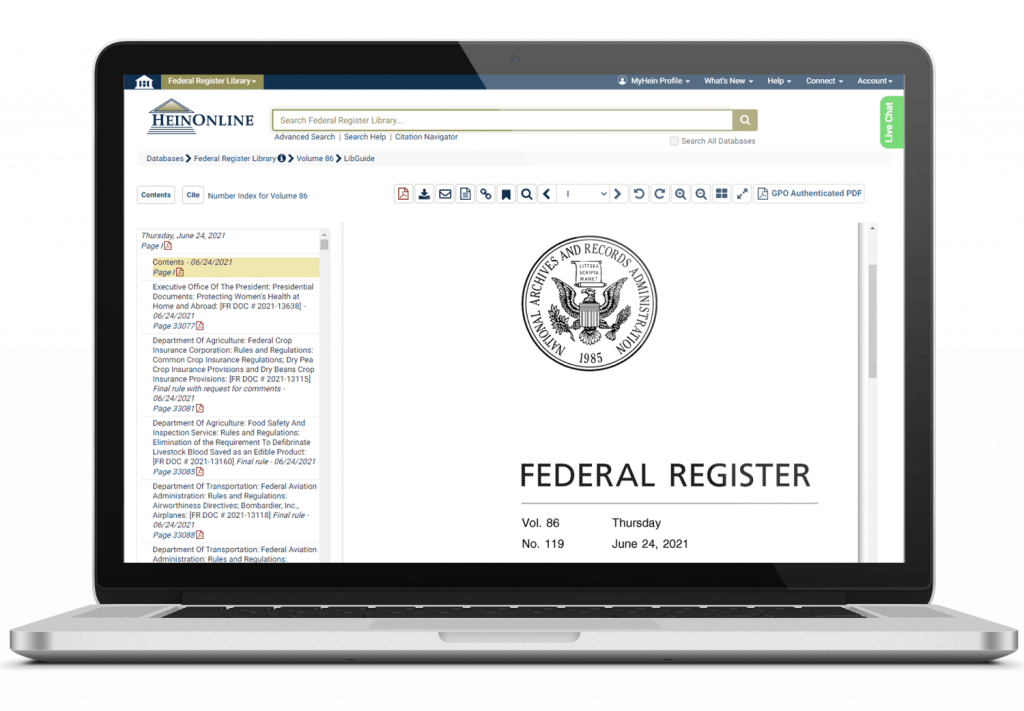 Federal Register interface in HeinOnline