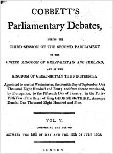 screenshot of title page of Cobbett's Parliamentary Debates Vol. V.
