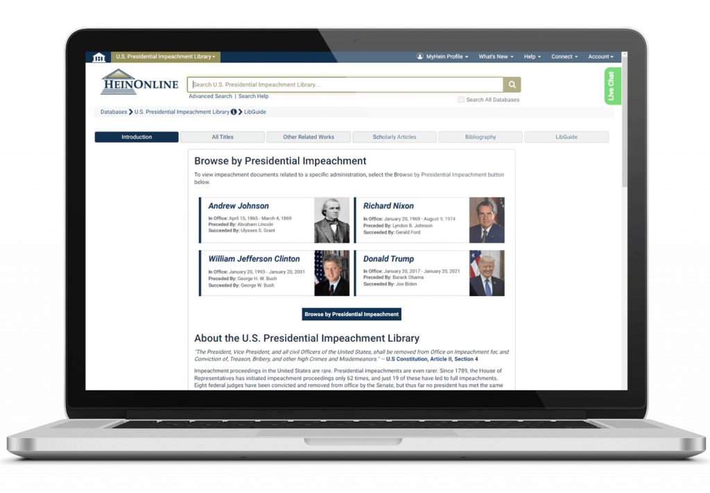 Impeachment library interface in HeinOnline