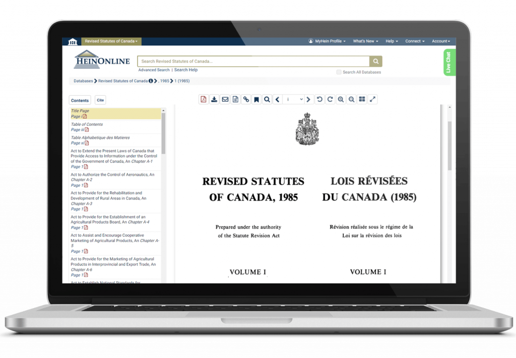 Revised Statutes of Canada interface in HeinOnline on Laptop