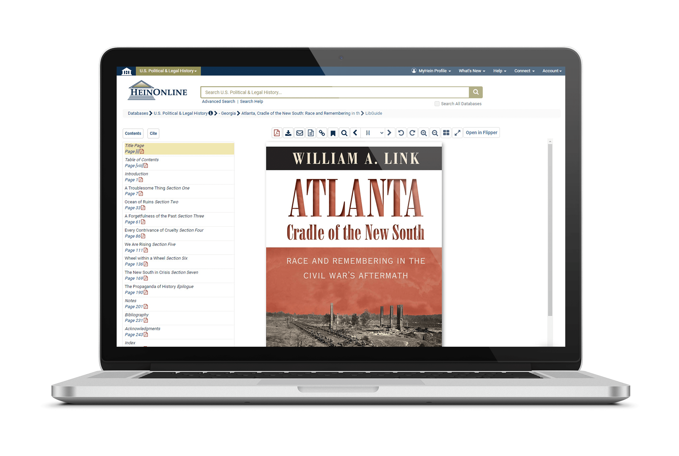 laptop mockup of U.S. Political and Legal History database with cover of Atlanta: Cradle of the South by William A. Link